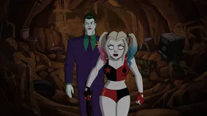 Playful Chaos Of Harley Quinn And Joker In Cartoon Form Wallpaper
