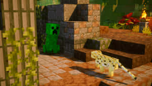 Playful Ocelot In A Lush Minecraft Forest Wallpaper