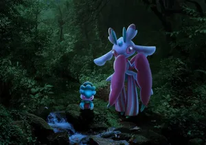 Pokémon Fomantis And Lurantis In Dark Forest Wallpaper