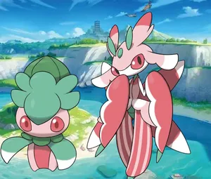 Pokémon Fomantis And Lurantis In Flowing River Wallpaper