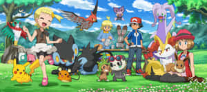 Pokemon Friendsand Their Trainers Outdoors Wallpaper