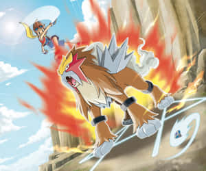 Pokemon Ranger Actionwith Entei Wallpaper