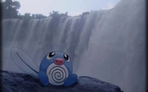 Poliwag Sitting On Rock Against Waterfalls Wallpaper