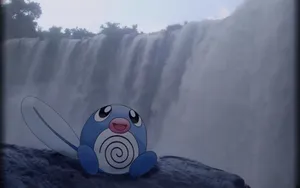 Poliwag Sitting On Rock Against Waterfalls Wallpaper