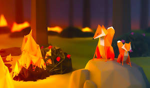 Polygon Art Foxes On Bonfire Wallpaper