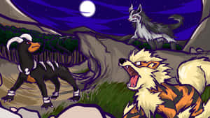 Poochyenaand Mightyena Nighttime Encounter Wallpaper