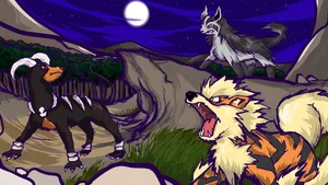 Poochyenaand Mightyena Nighttime Encounter Wallpaper