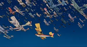 Porco Rosso Flying Over The Ocean In His Red Seaplane Wallpaper