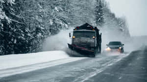 Powerful Snowplow Clearing Snow On A Mountain Road Wallpaper