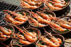 Prawns Sun-dried On Wooden Platters Wallpaper