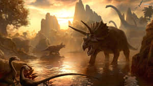 Prehistoric_ Sunset_ Scene Wallpaper