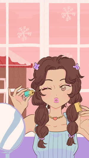 Preppy Girl Applying Makeup Cartoon Wallpaper