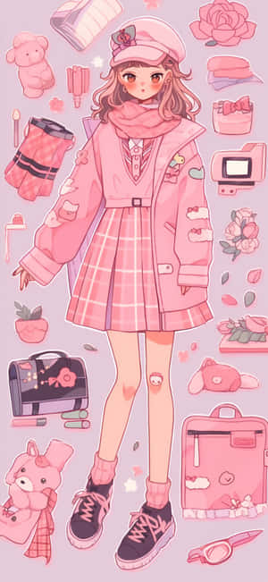 Preppy Pink Anime Girl Fashion Illustration Wallpaper