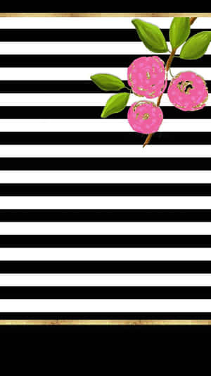 Preppy Pink Flowers Striped Background Wallpaper