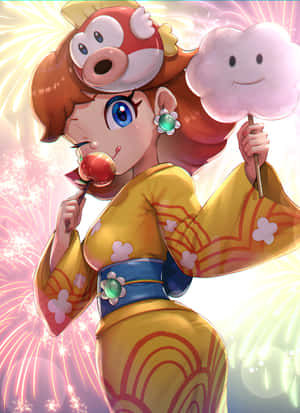 Princess Daisy In Her Signature Dress, Waving With A Smile Wallpaper