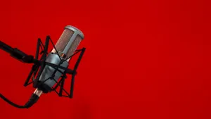 Professional Podcast Microphone Red Background Wallpaper