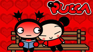 Pucca And Garu Sitting On Bench Wallpaper