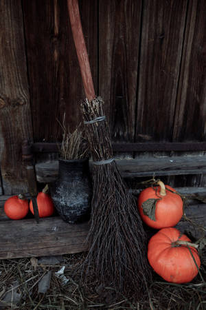 Pumpkins Beside Rustic Fall Broomstick Wallpaper