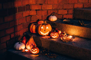 Pumpkins On Stairs Halloween Computer Wallpaper