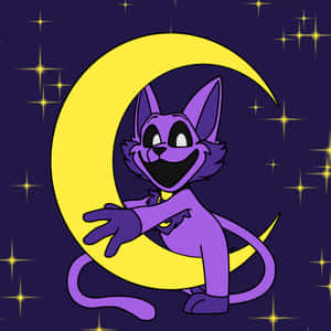 Purple Cartoon Cat On Moon Wallpaper