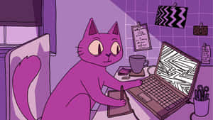 Purple Cat At Computer Illustration Wallpaper