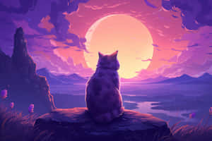 Purple Cat Moonlit Landscape Wallpaper