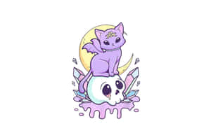 Purple Cat Sitting On Skull Illustration Wallpaper