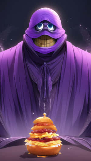 Purple Cloaked Figurewith Burger Wallpaper