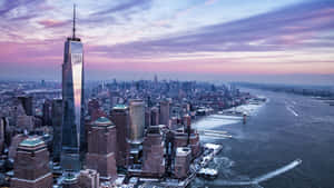 Purple Freedom Tower Skyline And Hudson River Photograph Wallpaper