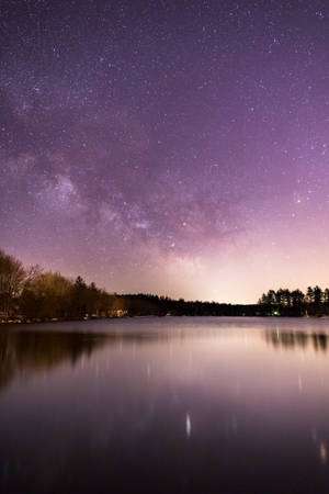 Purple Galaxy Sky, Water And Trees Phone Wallpaper