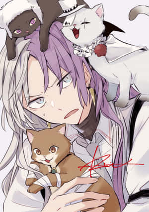 Purple Haired Anime Characterwith Cats Wallpaper