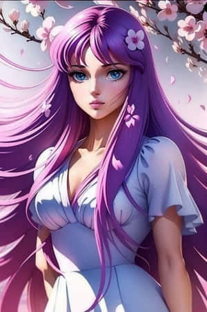 Purple Haired Anime Girl Cherry Blossoms Wallpaper