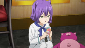 Purple Haired Anime Girl With Cardsand Stuffed Animal Wallpaper