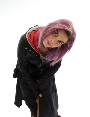 Purple Haired Woman Leaning Forward Wallpaper