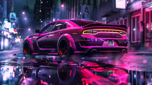 Purple Hellcat Charger Night Cityscape Wallpaper