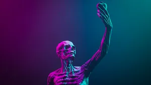 Purple Skeleton Holding Apple Aesthetic Wallpaper