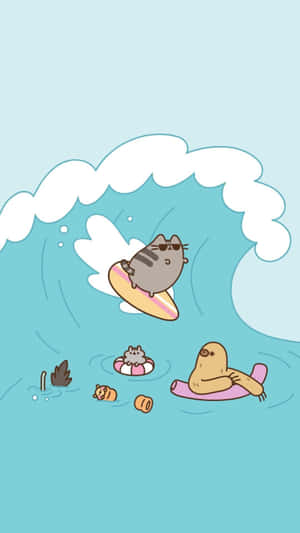 Pusheen Kawaii With A Massive Wave Wallpaper