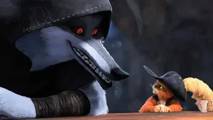 Puss In Boots Stares Down Wolf Wallpaper