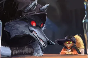 Pussin Boots Confronts Big Bad Wolf Wallpaper