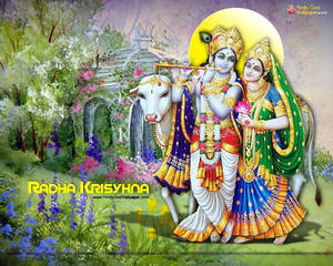 Radha Krishna 3d In Garden Setting Wallpaper