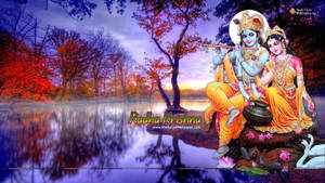 Radha Krishna 3d Serenading On Lake Wallpaper