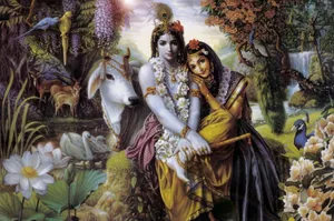 Radha Krishna 3d Surrounded By Animals Wallpaper