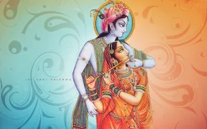 Radha Playing The Flute With Krishna Desktop Wallpaper