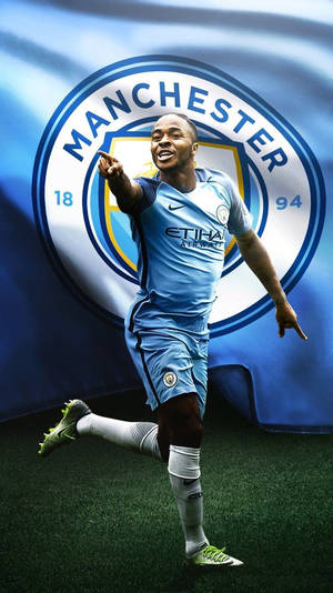 Raheem Sterling With The Mcfc Flag Wallpaper