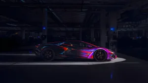 Rainbow Lamborghini In Dark Garage Wallpaper