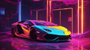 Rainbow Lamborghini In Neon City Wallpaper