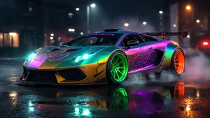 Rainbow Lamborghini Night Drift Wallpaper