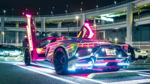 Rainbow Lamborghini With Neon Lights Wallpaper