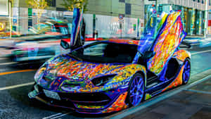 Rainbow Lamborghini With Scissor Doors Wallpaper