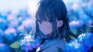 Rainy Blue Hydrangea Girl Anime Art Wallpaper